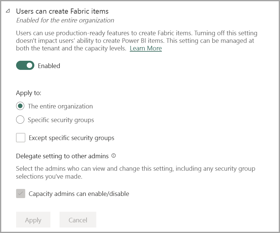 Screenshot dell'impostazione del portale di amministrazione che consente agli utenti di creare Fabric items.