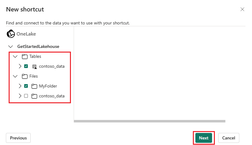 Screenshot della finestra Nuovo collegamento che mostra i dati nel lakehouse.