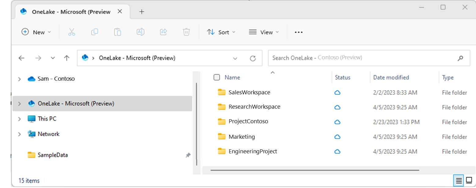 Screenshot dei file OneLake integrati nella schermata di Esplora file di Windows.