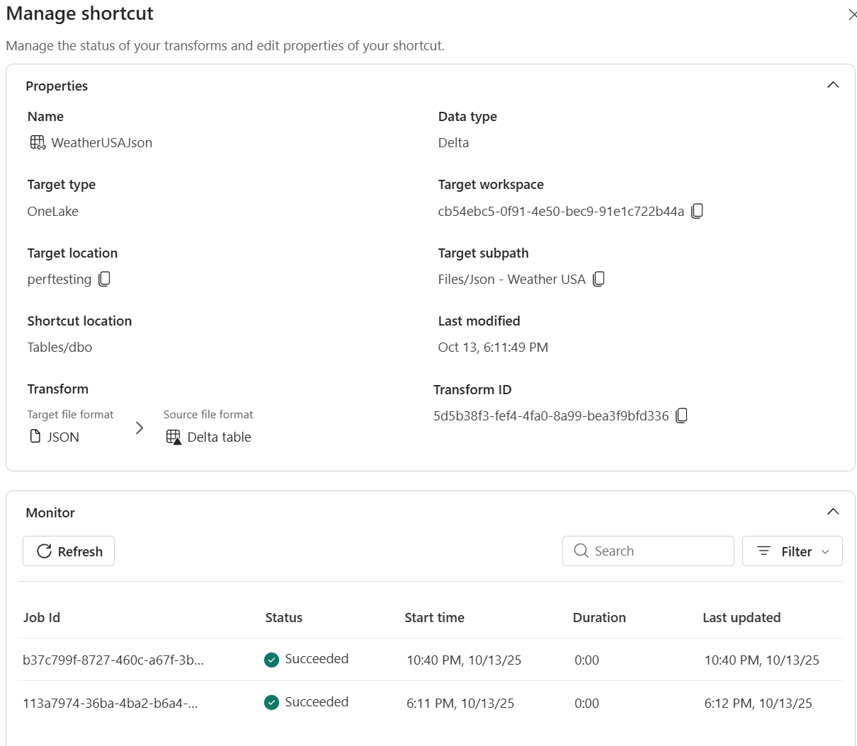 Screenshot che mostra l'hub di monitoraggio per visualizzare lo stato della trasformazione.