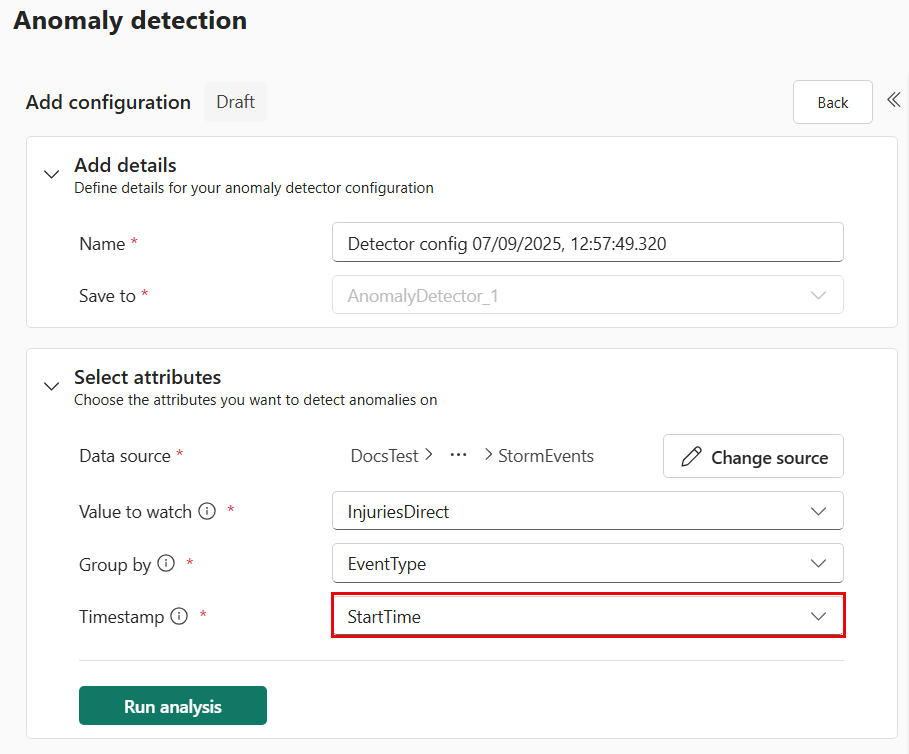 Screenshot delle impostazioni di configurazione del timestamp.