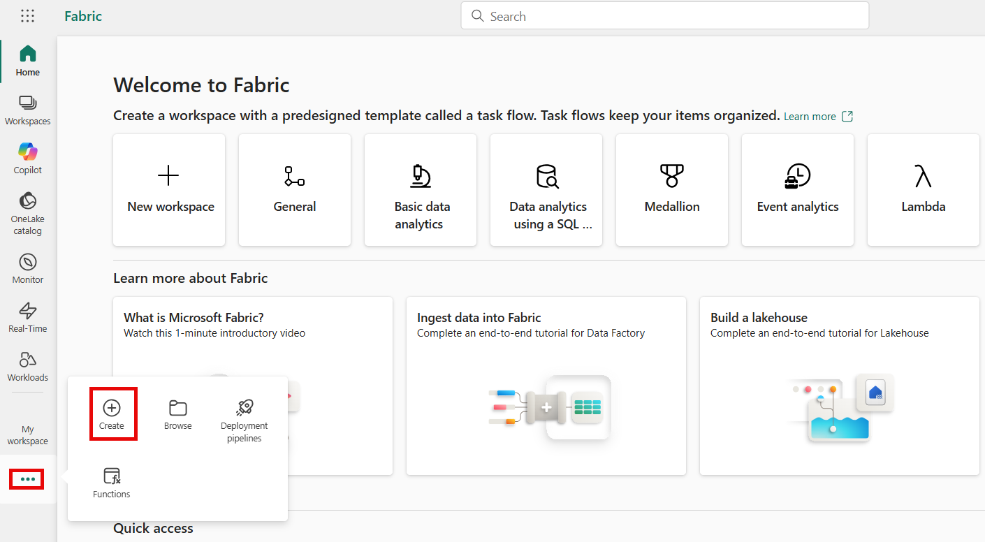 Screenshot dei puntini di sospensione e dell'opzione di creazione.