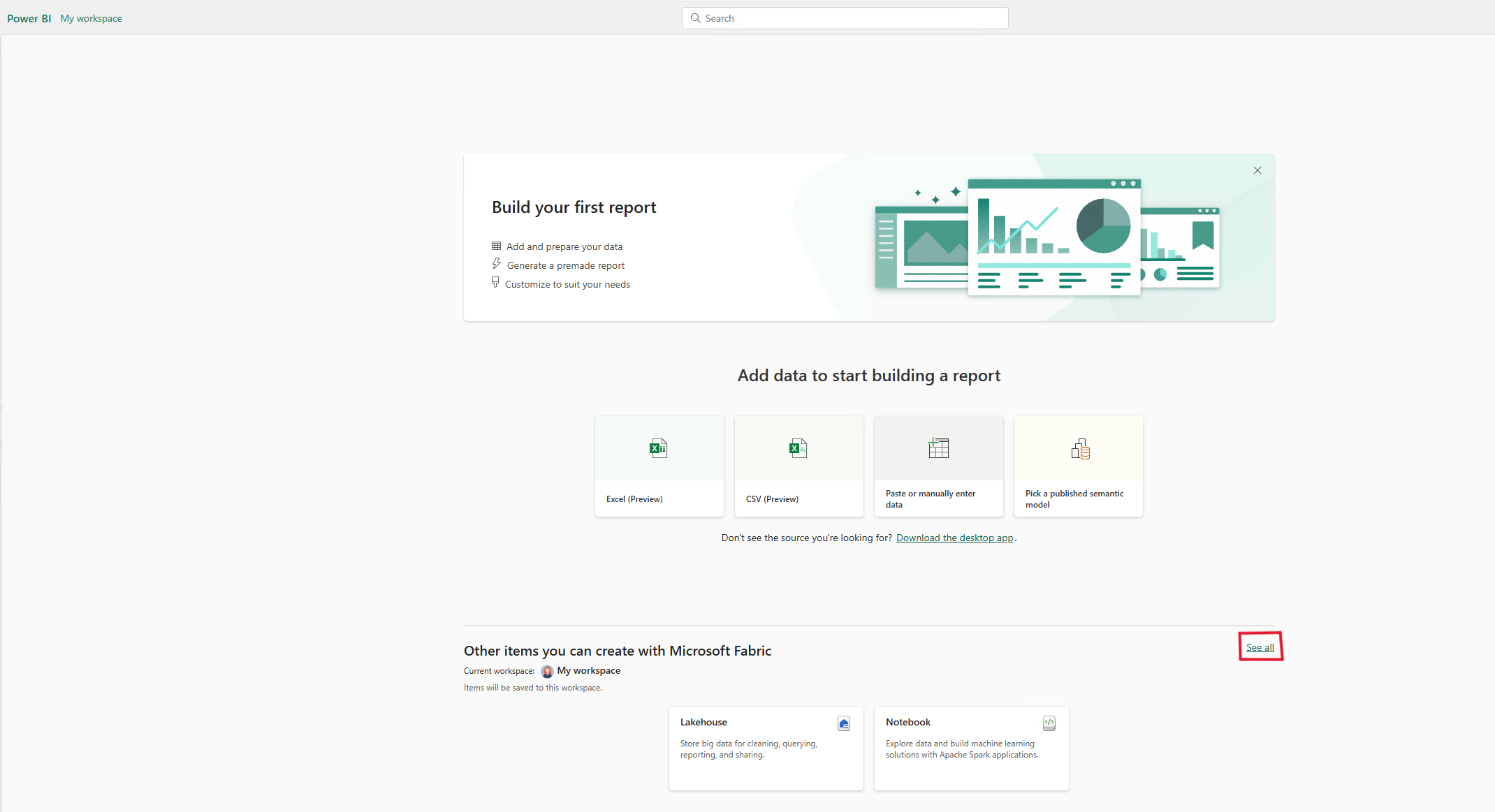 Screenshot del pulsante Crea hub per visualizzare tutto.