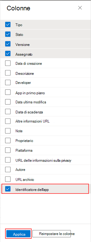 Screenshot che mostra come selezionare la colonna ID bundle app in Tutte le app in Microsoft Intune e nell'interfaccia di amministrazione di Intune.