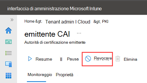 Pagina delle proprietà della CA PKI cloud con l'azione Revoca evidenziata.