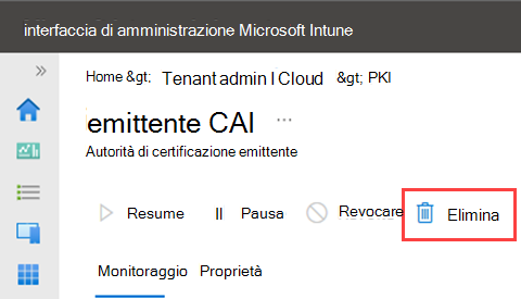 Pagina delle proprietà della CA PKI cloud con l'azione Elimina evidenziata per una CA emittente.