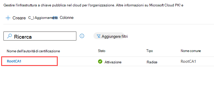 Elenco delle CA PKI cloud con una CA radice selezionata.