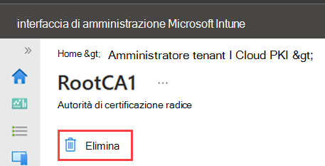Pagina delle proprietà della CA PKI cloud con l'azione Elimina evidenziata per la CA radice.