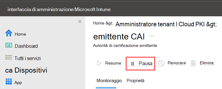 Pagina delle proprietà della CA PKI cloud con l'azione Sospendi evidenziata.