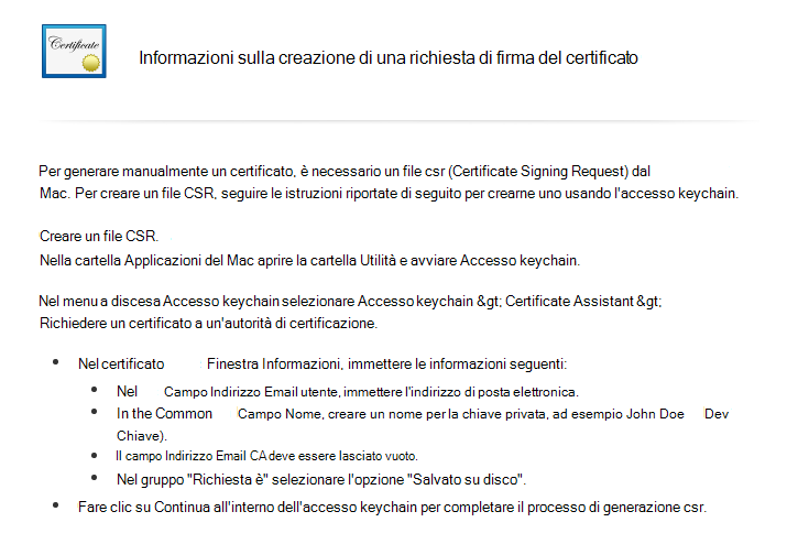 Leggere le istruzioni per creare una CSR