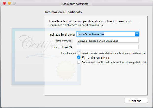 Immettere le informazioni per il certificato da richiedere