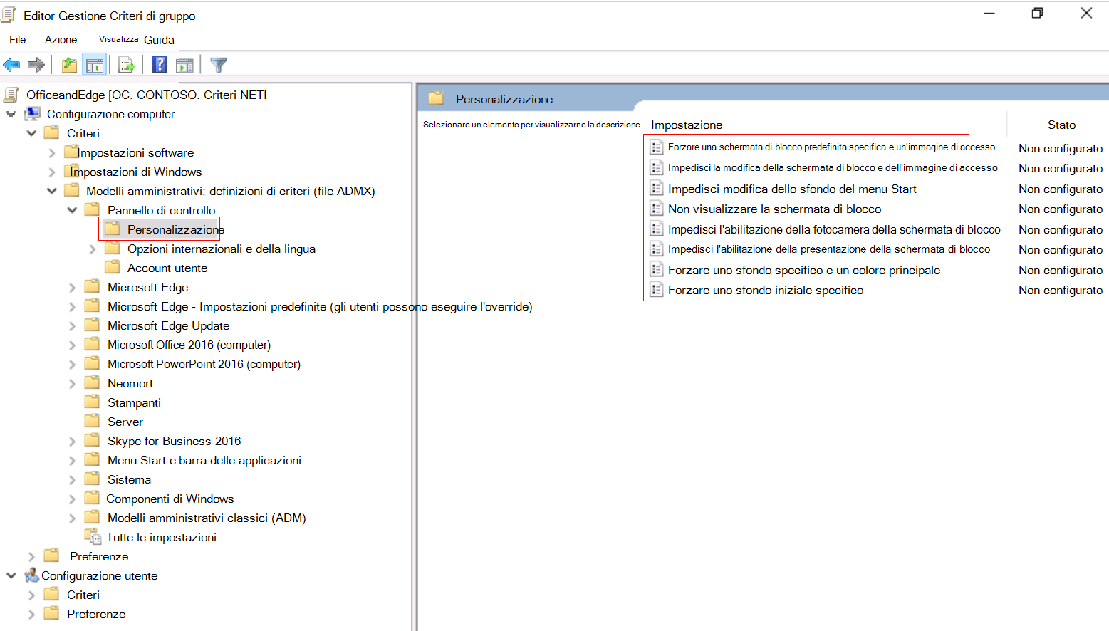 Screenshot che mostra come espandere Configurazione computer nell'Editor gestione Criteri di gruppo locale e passare a Personalizzazione.