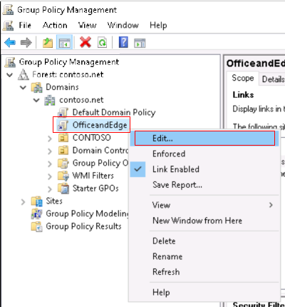 Screenshot che mostra come fare clic con il pulsante destro del mouse sui criteri di gruppo ADMX di Office locale e Microsoft Edge e selezionare Modifica.