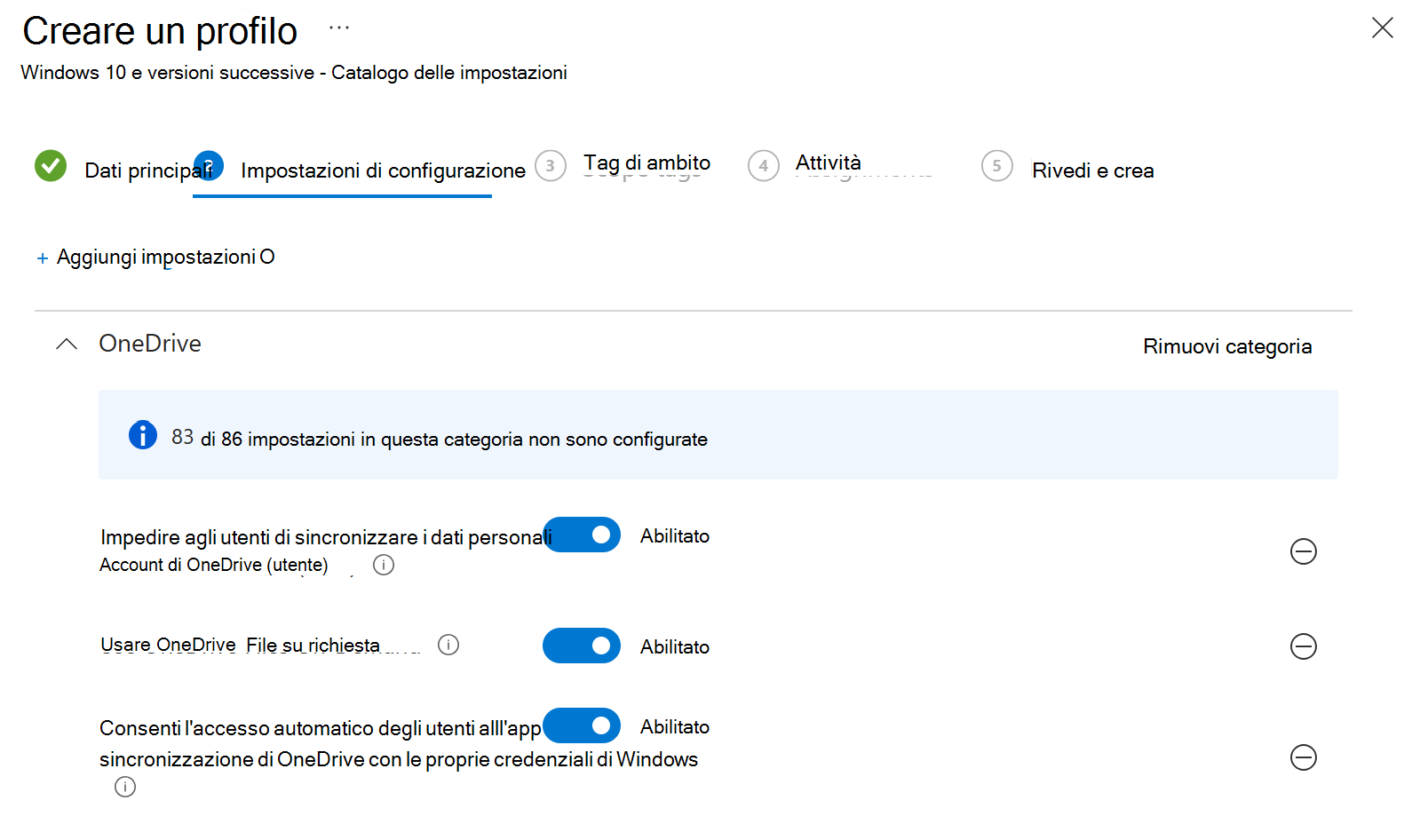 Screenshot che mostra come creare un criterio del catalogo impostazioni di OneDrive in Microsoft Intune.