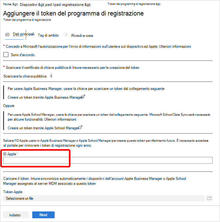 Screenshot che evidenzia il campo ID Apple nel riquadro Aggiungi token del programma di registrazione.