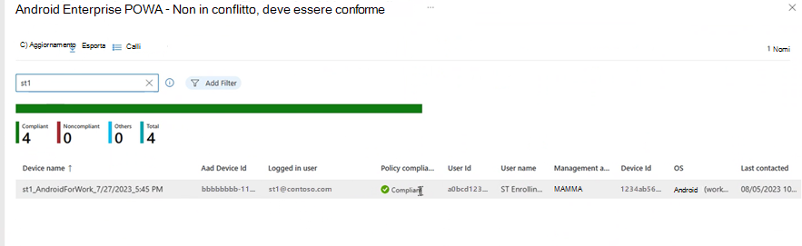Un'acquisizione dello schermo che mostra i risultati della ricerca filtrati per la visualizzazione del report sullo stato del dispositivo.