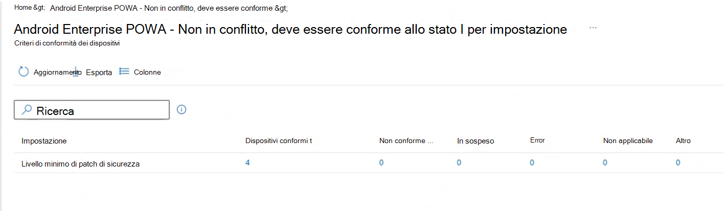 Screenshot che mostra il report dettagliato sullo stato per impostazione, dopo aver selezionato il pulsante Visualizza report nell'interfaccia di amministrazione di Intune.