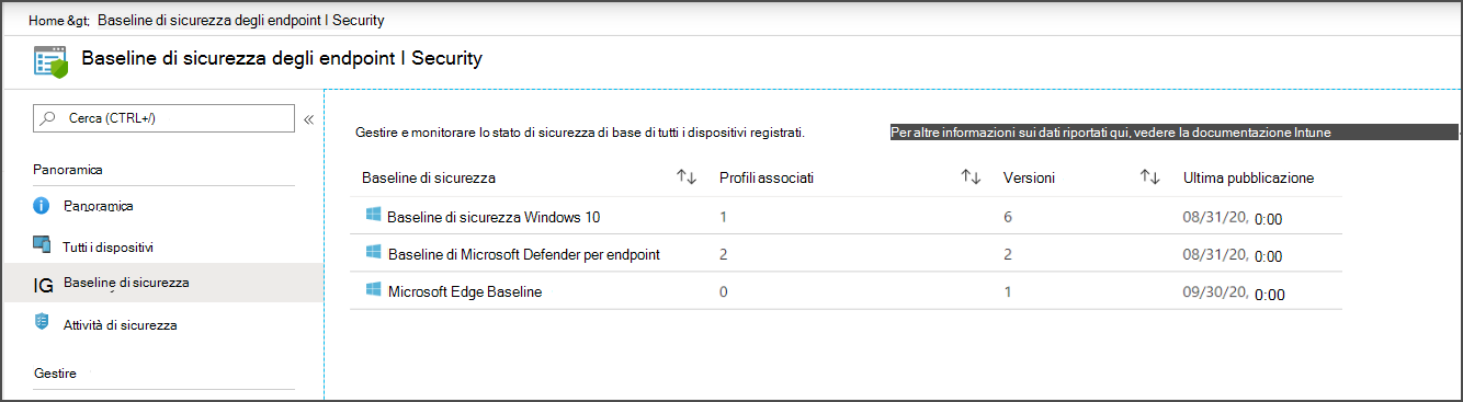 Selezionare una baseline di sicurezza da configurare