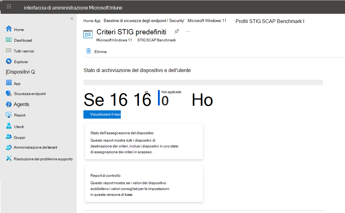 Screenshot che mostra la panoramica del profilo della linea di base di controllo STIG con lo stato del check-in del dispositivo e dell'utente, il report sullo stato di assegnazione del dispositivo e le opzioni del report di controllo nell'interfaccia di amministrazione di Intune.