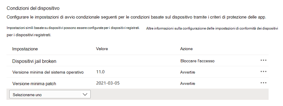 Screenshot che mostra le condizioni basate sul dispositivo in un criterio di protezione delle app nell'interfaccia di amministrazione di Microsoft Intune.