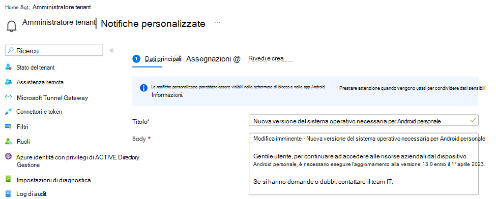 Screenshot che mostra un messaggio di notifica personalizzato nell'interfaccia di amministrazione di Microsoft Intune.