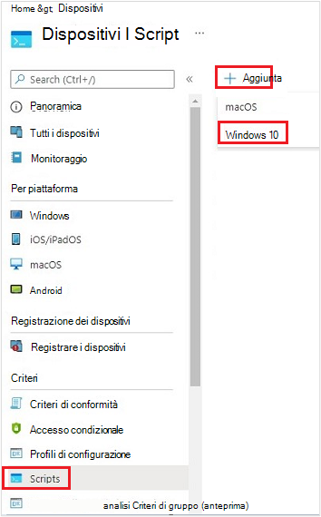 Screenshot che mostra la creazione di un nuovo script per un dispositivo Windows.