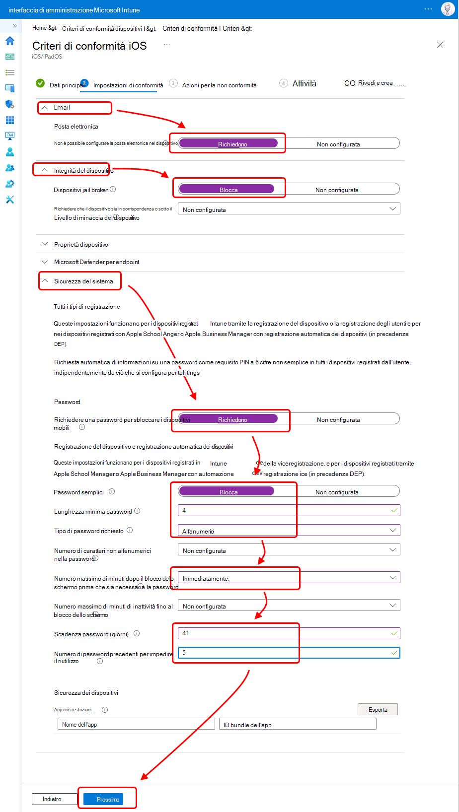 Configurazione dei criteri di conformità iOS.