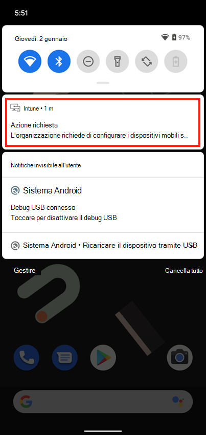 Screenshot di esempio della notifica push del Portale aziendale nella schermata iniziale del dispositivo.