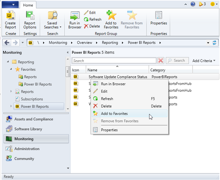 Screenshot dell'azione Aggiungi ai preferiti in un report di Power BI