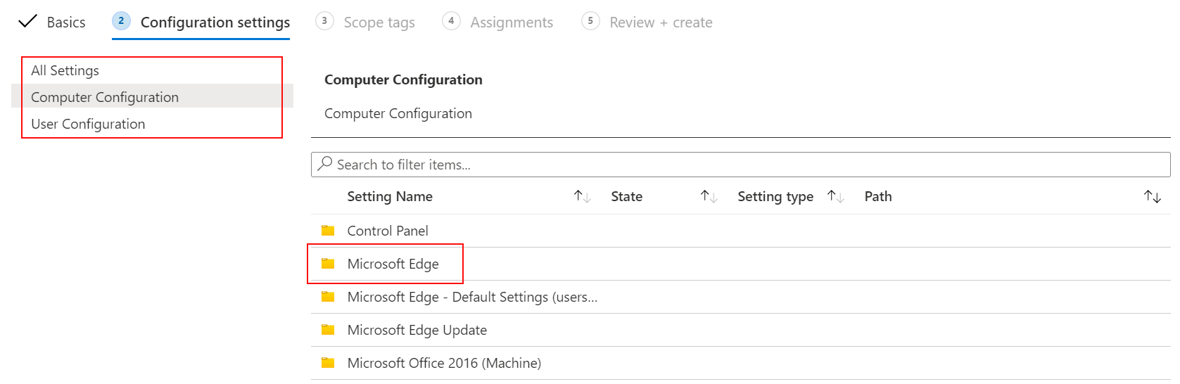 Screenshot che mostra le impostazioni ADMX per la configurazione utente e la configurazione del computer nell'interfaccia di amministrazione di Microsoft Intune e Intune.