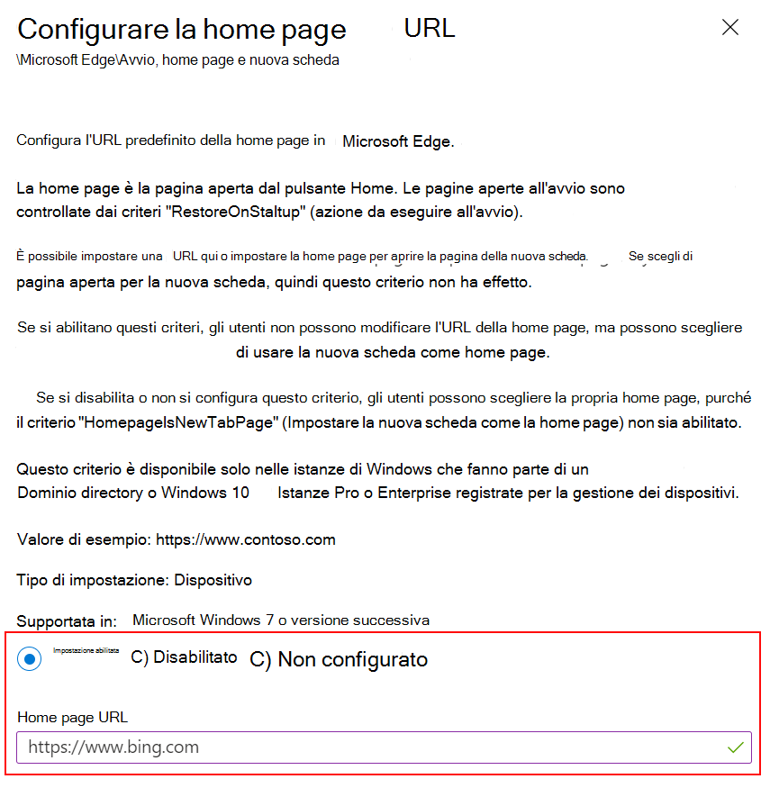 Screenshot di Impostare l'URL della home page di Microsoft Edge su un sito Web usando i modelli ADMX nell'interfaccia di amministrazione di Microsoft Intune e Intune.