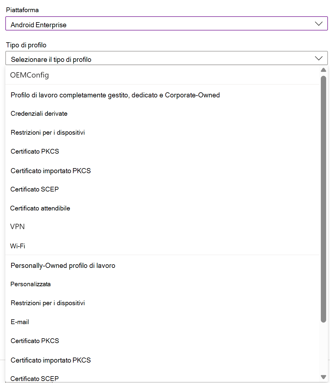 Screenshot che mostra come creare un profilo e un criterio di configurazione del dispositivo iOS/iPadOS in Microsoft Intune.