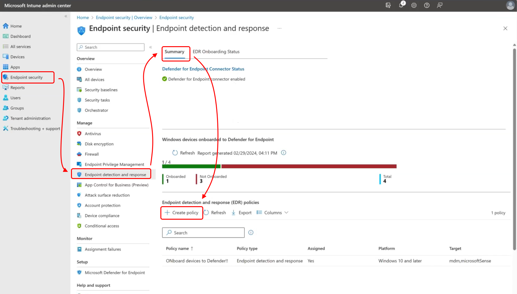 Screenshot dell'interfaccia di amministrazione che mostra dove trovare l'opzione Crea criteri.