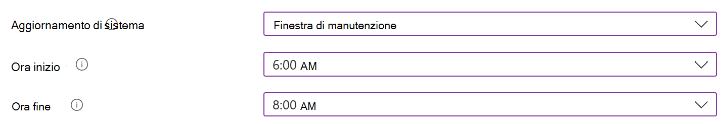 Screenshot che mostra l'impostazione di aggiornamento del sistema con una finestra di manutenzione per i dispositivi Android Enterprise nell'interfaccia di amministrazione di Microsoft Intune.