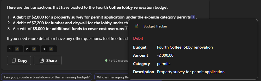An Adaptive Card rendering a debit transaction.
