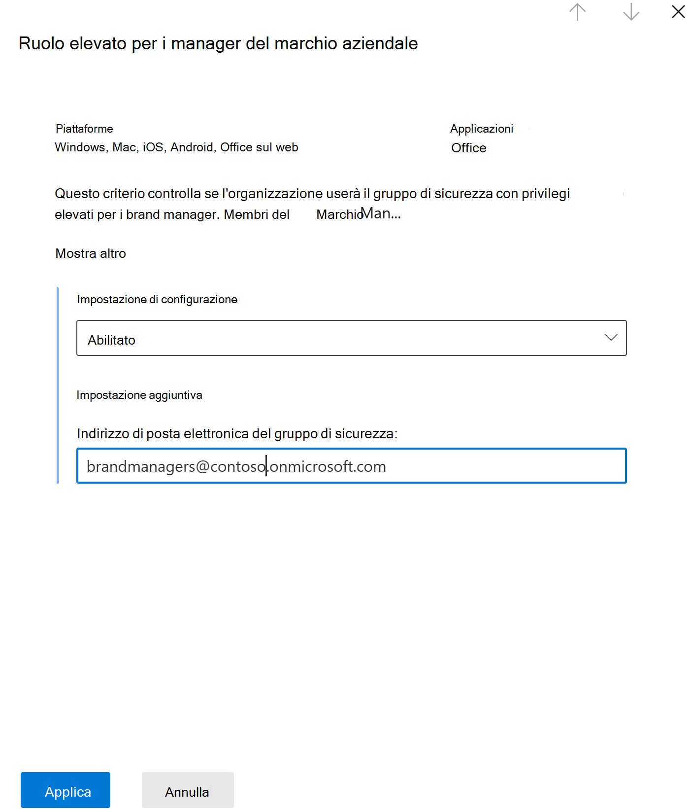 Screenshot che mostra la casella di testo dell'e-mail del gruppo di sicurezza contenente un messaggio di posta elettronica.