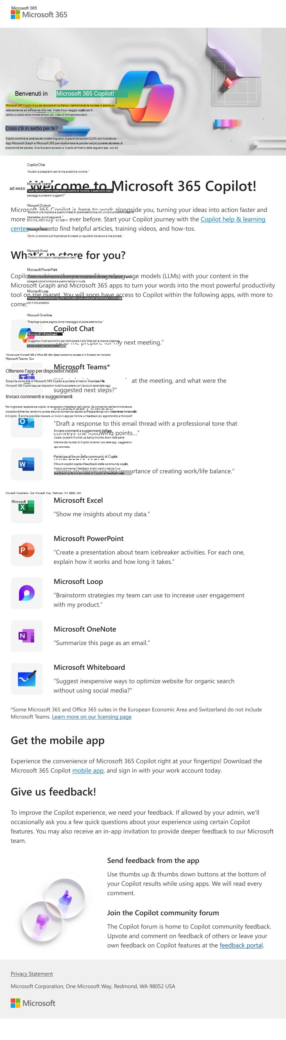 Immagine di un messaggio di posta elettronica che presenta Microsoft Copilot e le sue funzionalità che un amministratore può fornire agli utenti.