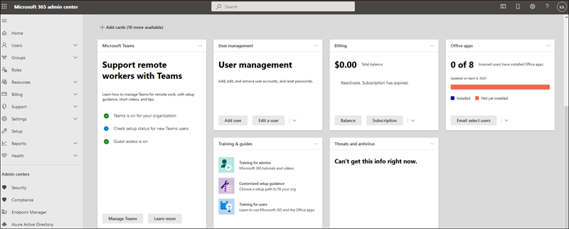 Screenshot della visualizzazione Dashboard nel interfaccia di amministrazione di Microsoft 365.