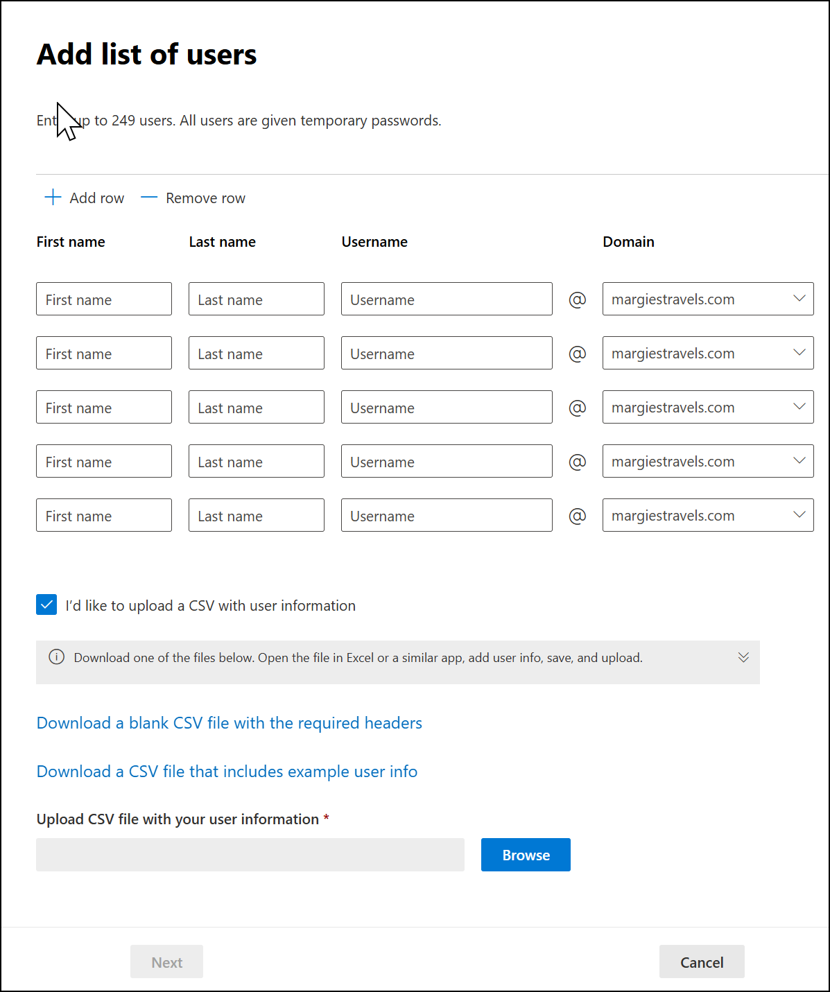 Screenshot del interfaccia di amministrazione di Microsoft 365 per aggiungere un elenco di utenti.
