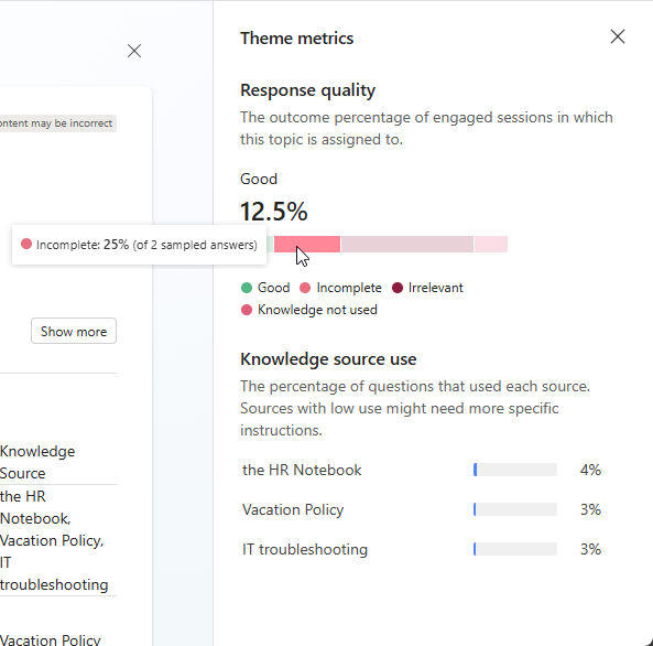 Screenshot delle ponderazioni relative della qualità della risposta per un determinato tema, che mostra la descrizione comando per un valore di qualità.
