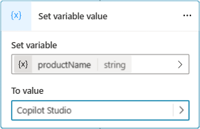 Screenshot che mostra l'uso di un valore letterale per un parametro di input variabile denominato productName.