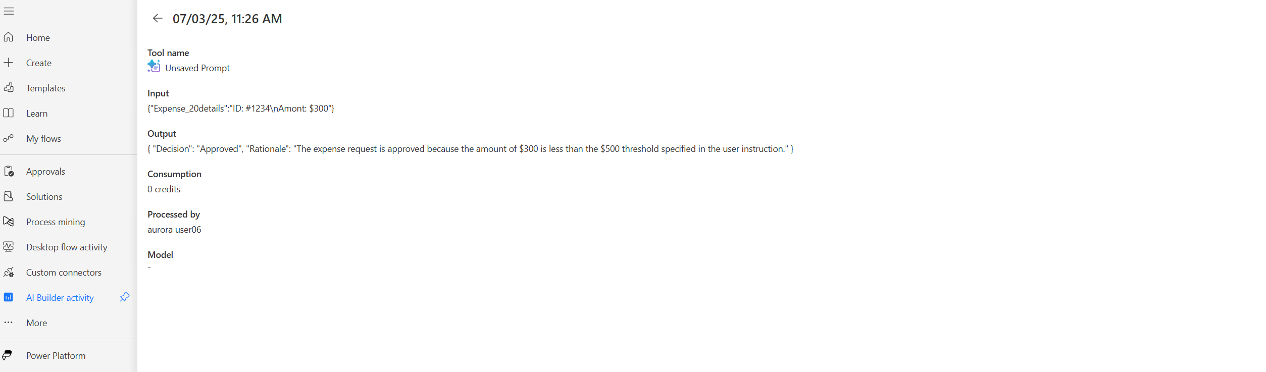 Screenshot dei dettagli dell'attività generatore di richieste che mostra l'input e l'output per un'esecuzione specifica della fase di intelligenza artificiale.