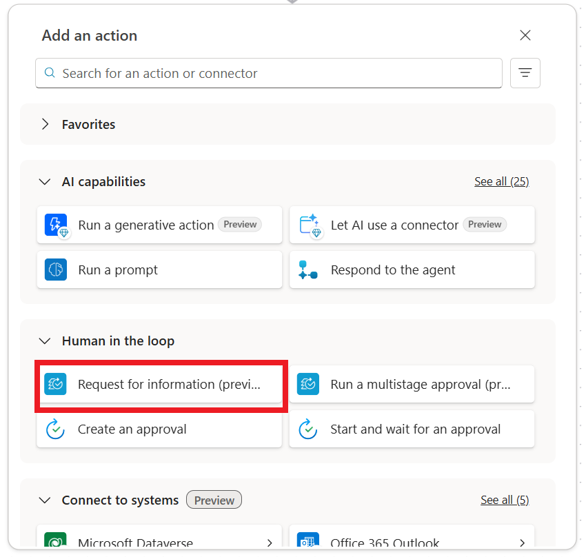 Screenshot dell'azione Richiedi informazioni nei flussi dell'agente.