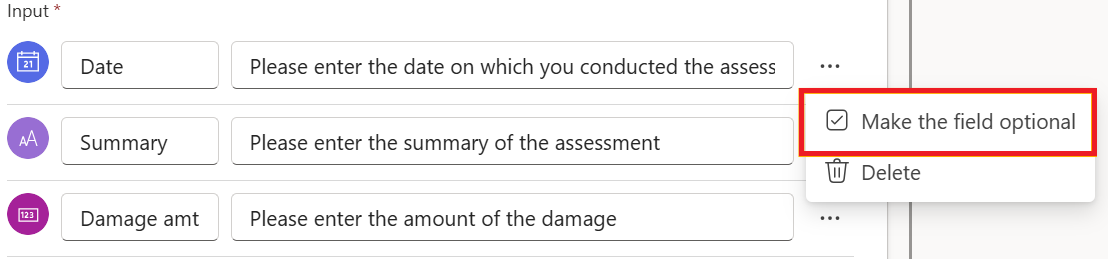 Screenshot della creazione di un input facoltativo in Copilot Studio.