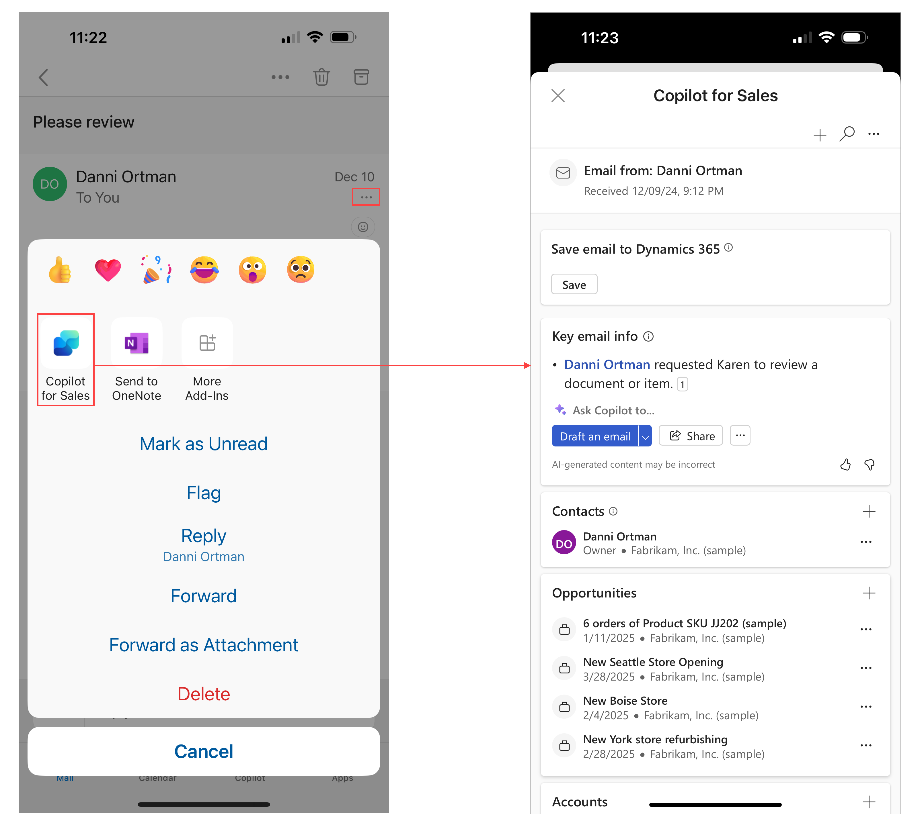 Screenshot of the Sales app opened in Outlook mobile app.