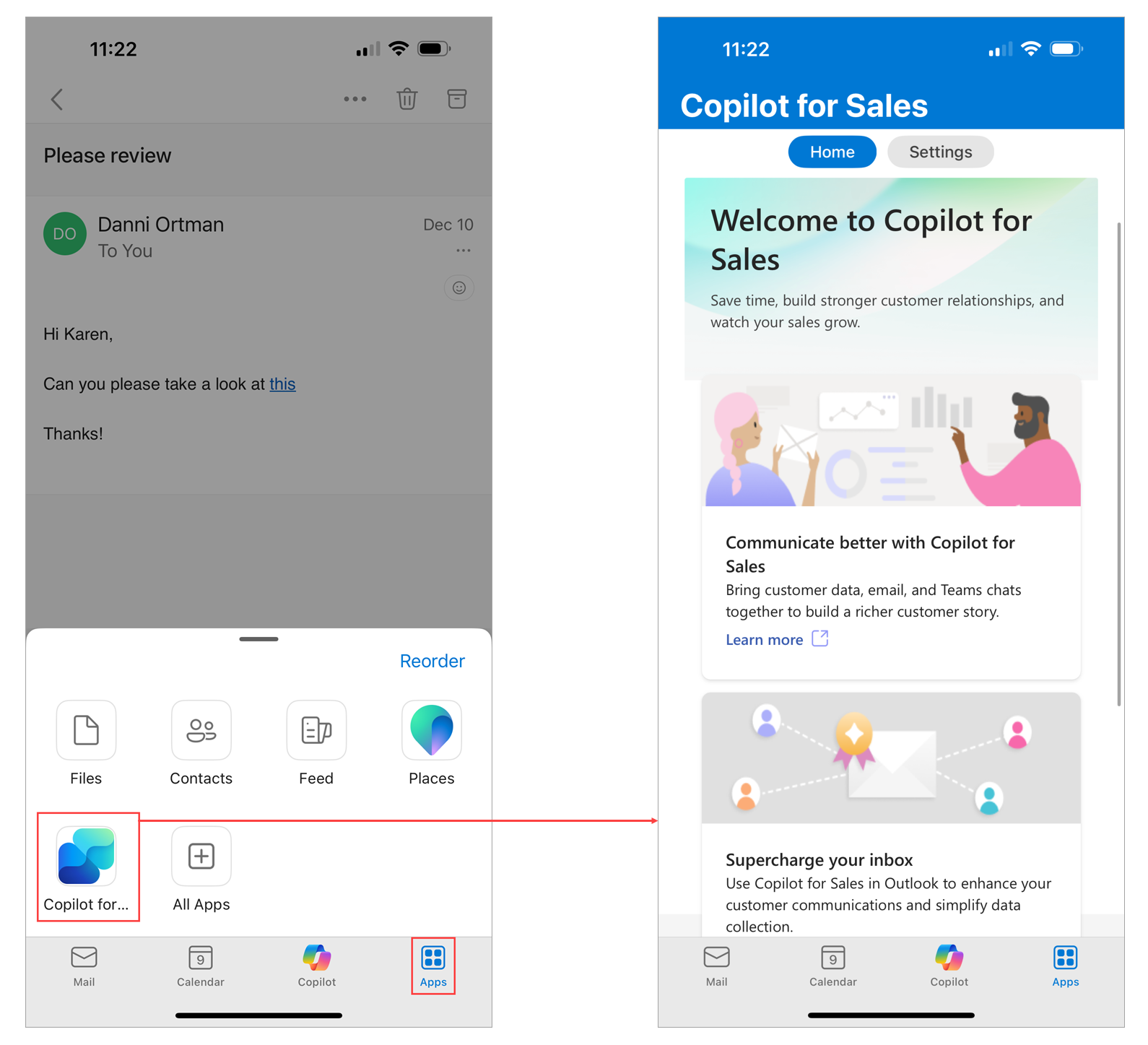 Screenshot for Sales personal app opened in Outlook mobile app.