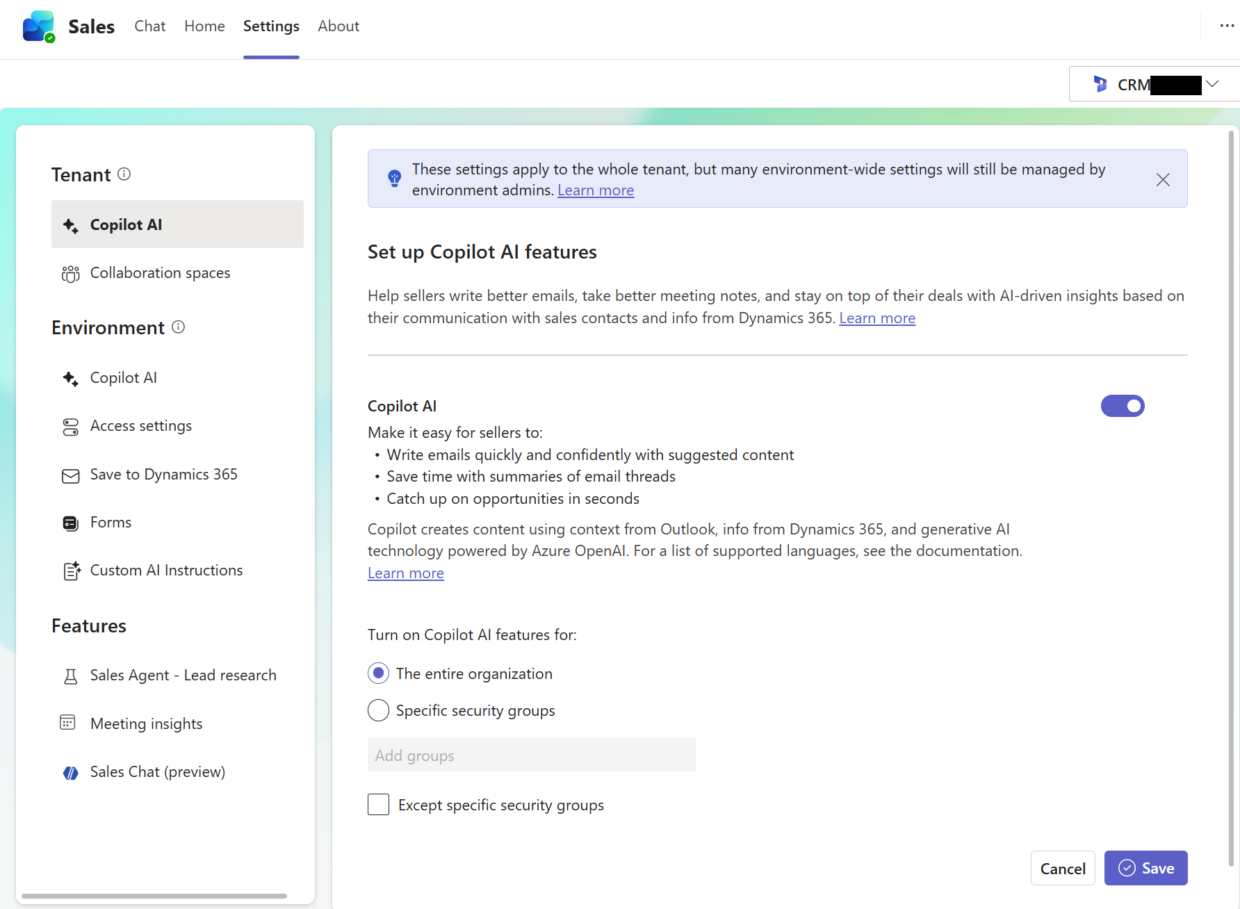 Screenshot delle impostazioni dell'app Sales per un tenant.