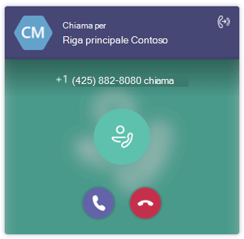 Screenshot che mostra un avviso popup di chiamata in arrivo da una coda di chiamate.