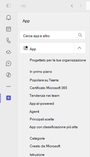 Screenshot che mostra le app di base sono le app aggiunte in Teams per impostazione predefinita.