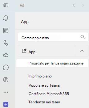 Screenshot delle app personalizzate in Teams Store nell'app desktop Teams.